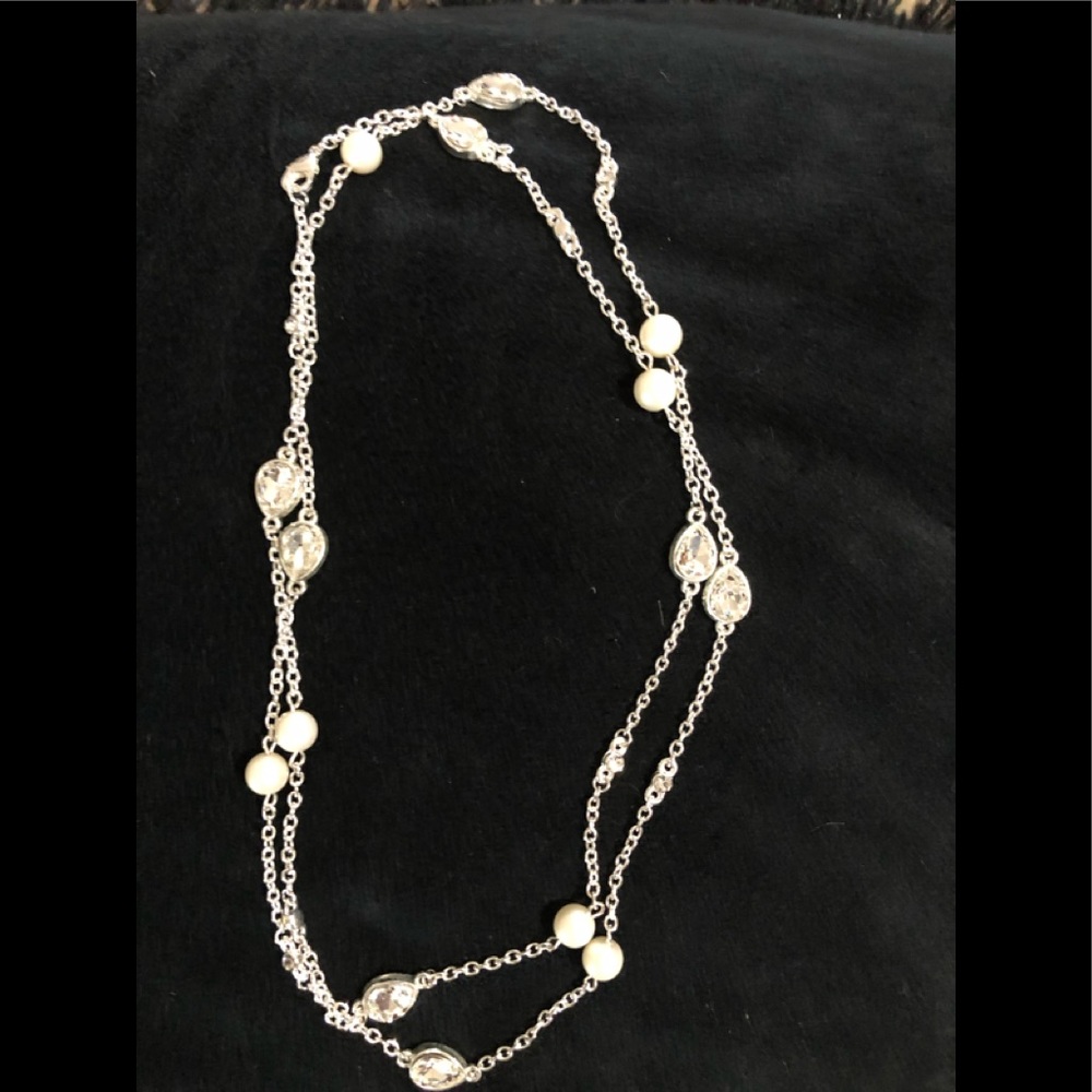 Pearl & Crystal Tear Drop Silver Necklace